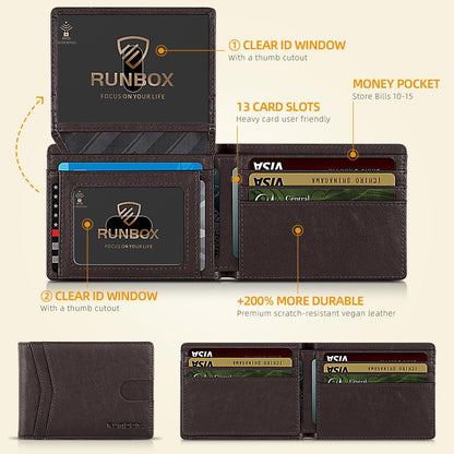 RUNBOX Wallet for Men Slim Rfid Leather 2 ID Window With Gift Box