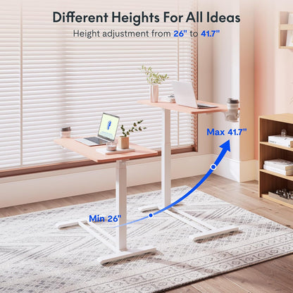 FLEXISPOT Mobile Standing Desk with Wheels Pneumatic Laptop Rolling Computer Cart Movable Height Adjustable Small Sit Stand Desk Computer Workstations Home Use（27.6" W x 15.7" D,Pink