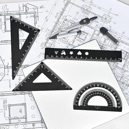 6 Pcs Metal Geometry Set, Math Geometry Kit, Metal Ruler Set and Compass Geometry Tool, Rulers Protractor and Compass Set for Student School and Drawings Supplies (Black)