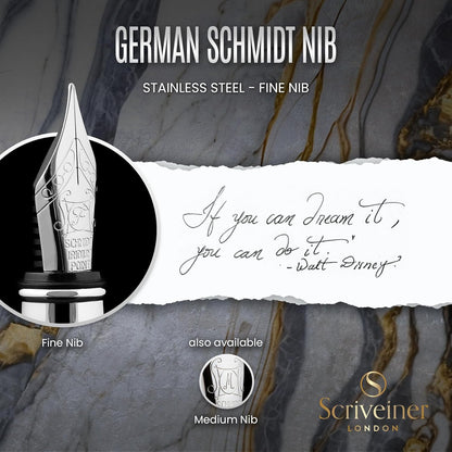 Scriveiner Midnight Blue Fountain Pen - Stunning Luxury Pen with Chrome Appointments, Schmidt Nib (Fine), Best Pen Gift Set for Men & Women, Professional, Executive, Office, Nice Pens