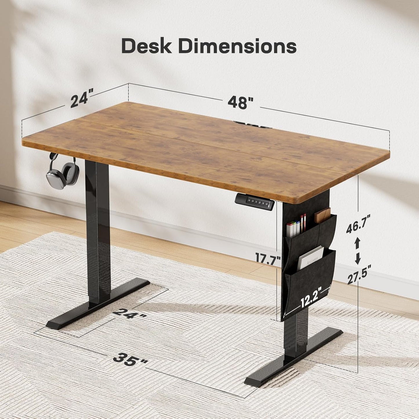 Marsail 48x24 Electric Standing Desk - Adjustable Height Computer Desk with Memory Presets, Storage Bag & Cable Management for Home Office & Gaming Workstations