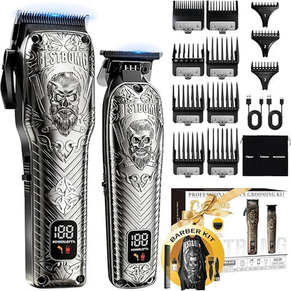BESTBOMG Professional Cordless Mens Hair Clippers & Beard Trimmer Kits & Sets,Metal Hair Clippers Cutting Grooming Kit with Long Battery Life for Family Barber Use (Gray)