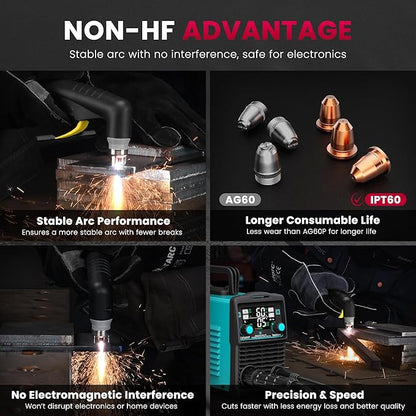 bestarc Plasma Cutter, [Blow Back Pilot Arc][Large LED][Air Sensor] 60A Non-HF bestarc Plasma Cutter Machine 110V/220V Dual Voltage, 5/8" Clean Cut 4/5" Max Cut, Post Flow, 2T/4T for Beginners DIY