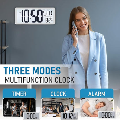 TXL Atomic Clock with Backlight, 14.2" Digital Wall Clock, Battery Operated, Large Display with Day, Date & Temperature, Bedroom, Living Room, Office