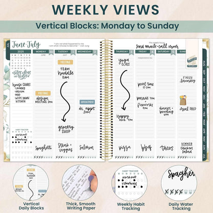 bloom daily planners 2025-2026 Hardcover Academic Year Goal & Vision Planner (July 2025 - July 2026) - Monthly & Weekly Calendar Agenda Organizer - 7.5" x 9" - Eucalyptus, White