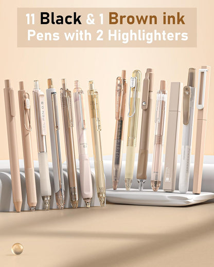 Four Candies 14Pack Pastel Gel Ink Pen Set,Cute Retractable 0.5mm Fine Point Pen,Note Taking Aesthetic Pens,12 Pack Black Ink Pens with 2Pack Highlighter, Smooth Writing Pens for School, Office(Brown)