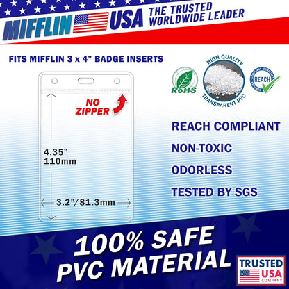 Mifflin-USA Plastic Vertical Card Holder (3x4 Inch, Clear, Bulk 100 Pack) Quick Load No Zipper Name ID Badge