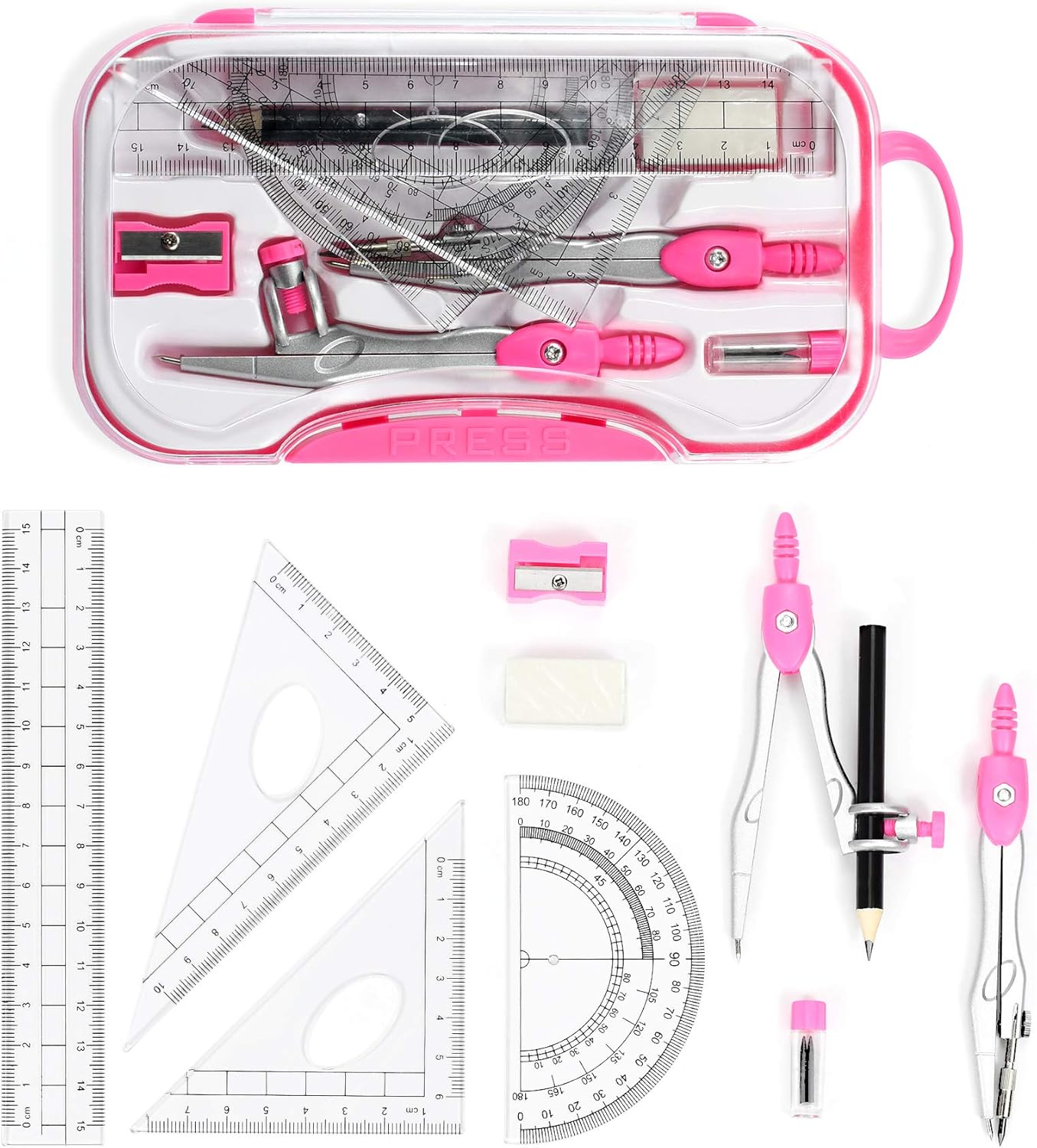 10 Pieces Math Geometry Kit Set Student Supplies with Shatterproof Storage Box,Includes Rulers,Protractor,Compass,Eraser,Pencil Sharpener,Lead Refills,Pencil,for School and Drawings（Pink）