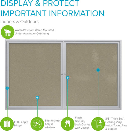 Ghent 36"x60" 2-Door Outdoor Enclosed Vinyl Bulletin Board, Shatter Resistant, with Lock, Satin Aluminum Frame - Caramel (PA23660VX-181), Made in the USA