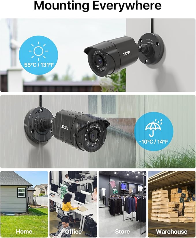 ZOSI 16 Channel Security Camera System,8 x 1080P Outdoor Indoor Weatherproof Wired Cameras,AI Human Vehicle Detection,Night Vision,H.265+ 16CH 2.0MP HD-TVI CCTV DVR with 2TB HDD for 24/7 Recording
