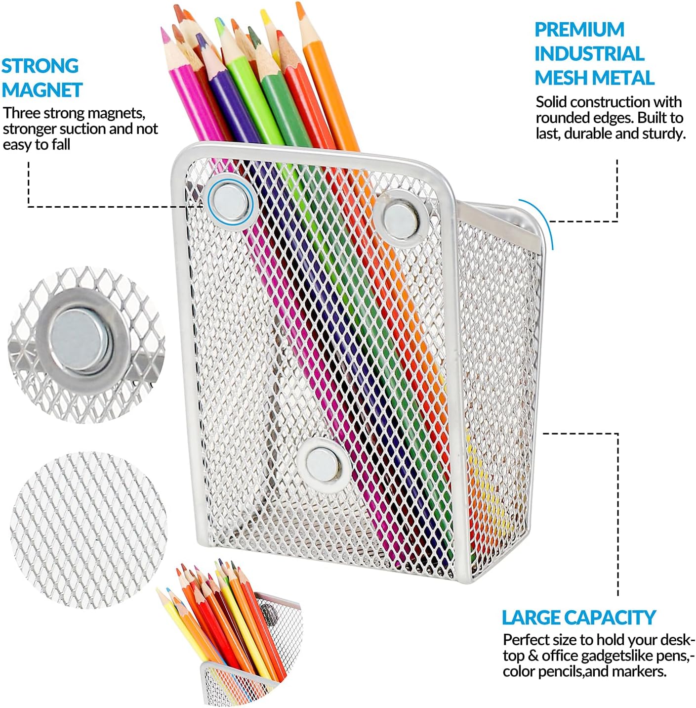 LUCYCAZ Magnetic Pen Holder - Single Magnetic Pencil Locker Holder Organizer, Silver Mesh Marker Holder Pen Basket for Whiteboard, Refrigerator and Locker