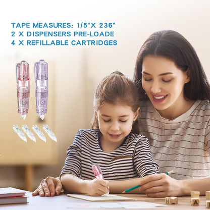 White Retractable Correction Tapes, 2 Cute Pre-Loaded Correctors with 4 Refills, Pull-Out Pen-Shaped Applicator, Anti-Break Tape for Office Supplies(Pink, Purple)