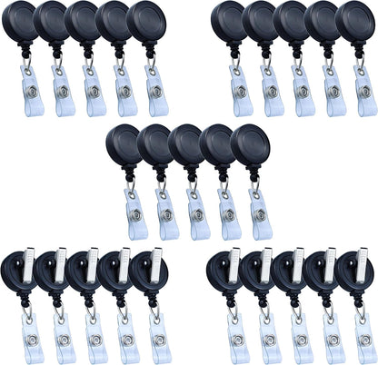 25 Pack Badge Reels Retractable Badge Holder with Clip, Id Clips for Badges, Id Badge Reel, Retractable Id Badge Clip with Clear Vinyl Strap & Alligator Swivel, No Twist Dispenser (Black)