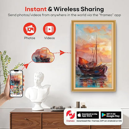 64GB 15.6" Frameo Digital Picture Frame WiFi, Large Electronic Photo Frames Golden 1920 x 1080 IPS FHD Touch Screen, Send Photos from Your Phone from Anywhere, Best Gifts for Family and Friends