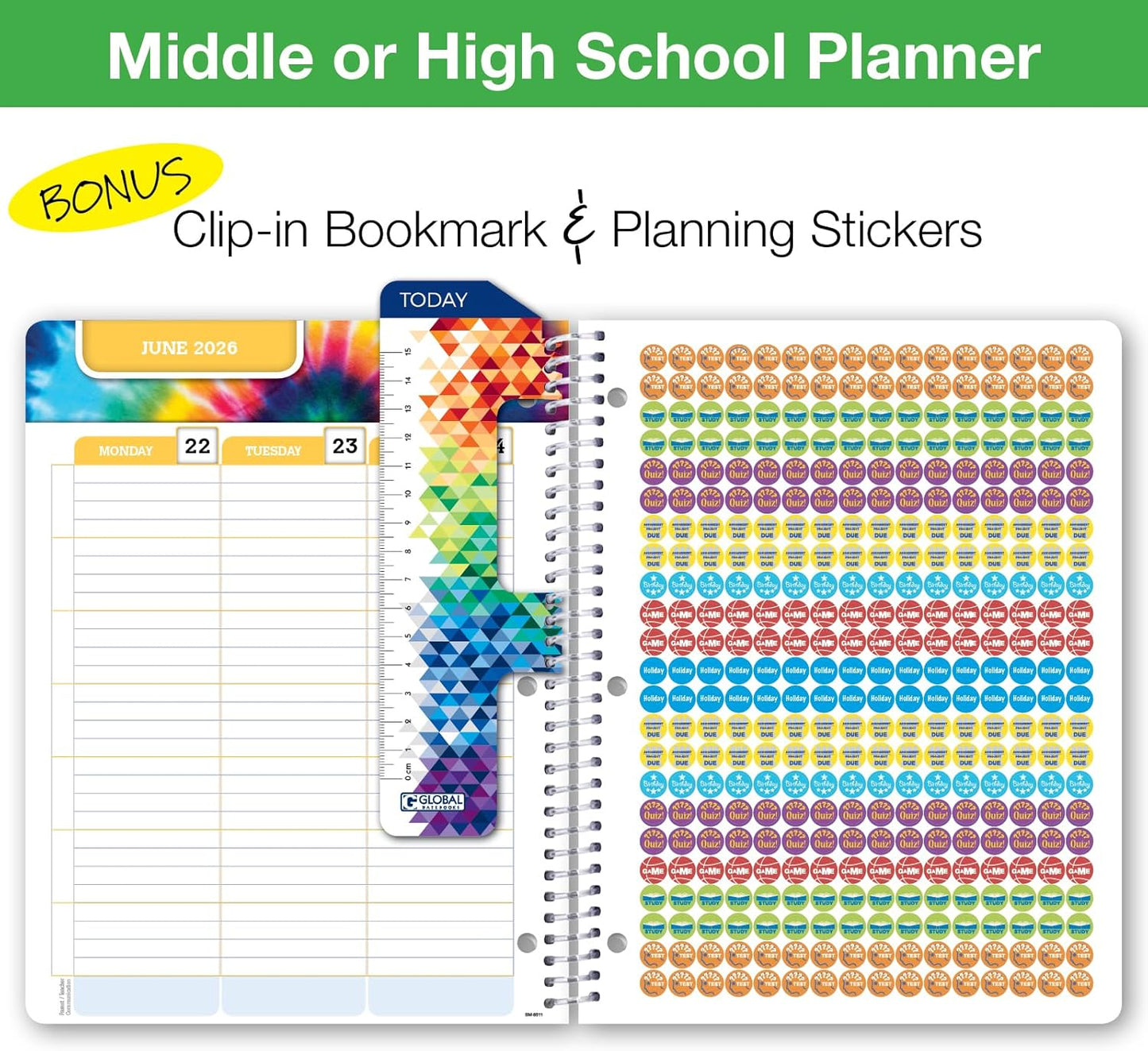 Global Datebooks Dated Middle School or High School Student Planner for Academic Year 2025-2026 Includes Ruler/Bookmark and Planning Stickers (Matrix Style - 8.5"x11" - Retro)