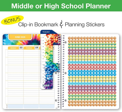 Global Datebooks Dated Middle School or High School Student Planner for Academic Year 2025-2026 Includes Ruler/Bookmark and Planning Stickers (Matrix Style - 8.5"x11" - Retro)