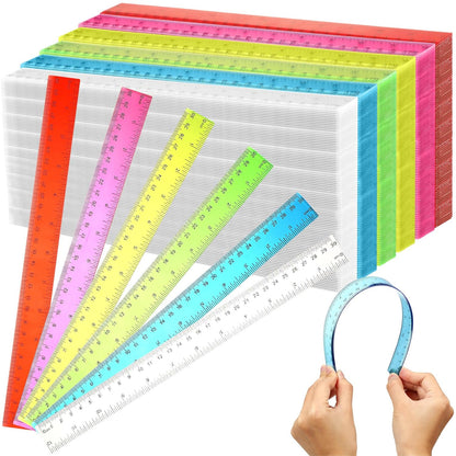 Fumete 600 Pack 12 Inch Plastic Rulers Bulk for Classroom Operation Christmas Supplies Flexible Transparent Assorted Color Ruler with Centimeters and Inches for Office Teacher Student