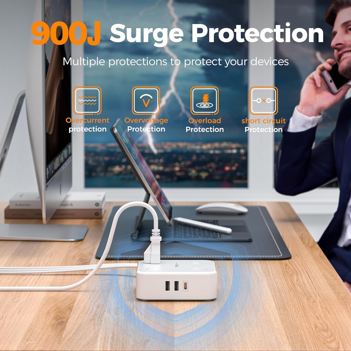 Surge Protector Power Strip, TESSAN 5 Ft Flat Plug Extension Cord with Multiple Outlets, 3 USB (1 USB C PD 20W), 8 Outlets, 900J Surge Protection, for Home, Office, Dorm Room Essentials, 1250W