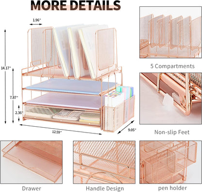 Desk Organizer with 5 Vertical File Holders, 3-Tier Paper Organizer and Drawer, Desk Accessories in Rose Gold