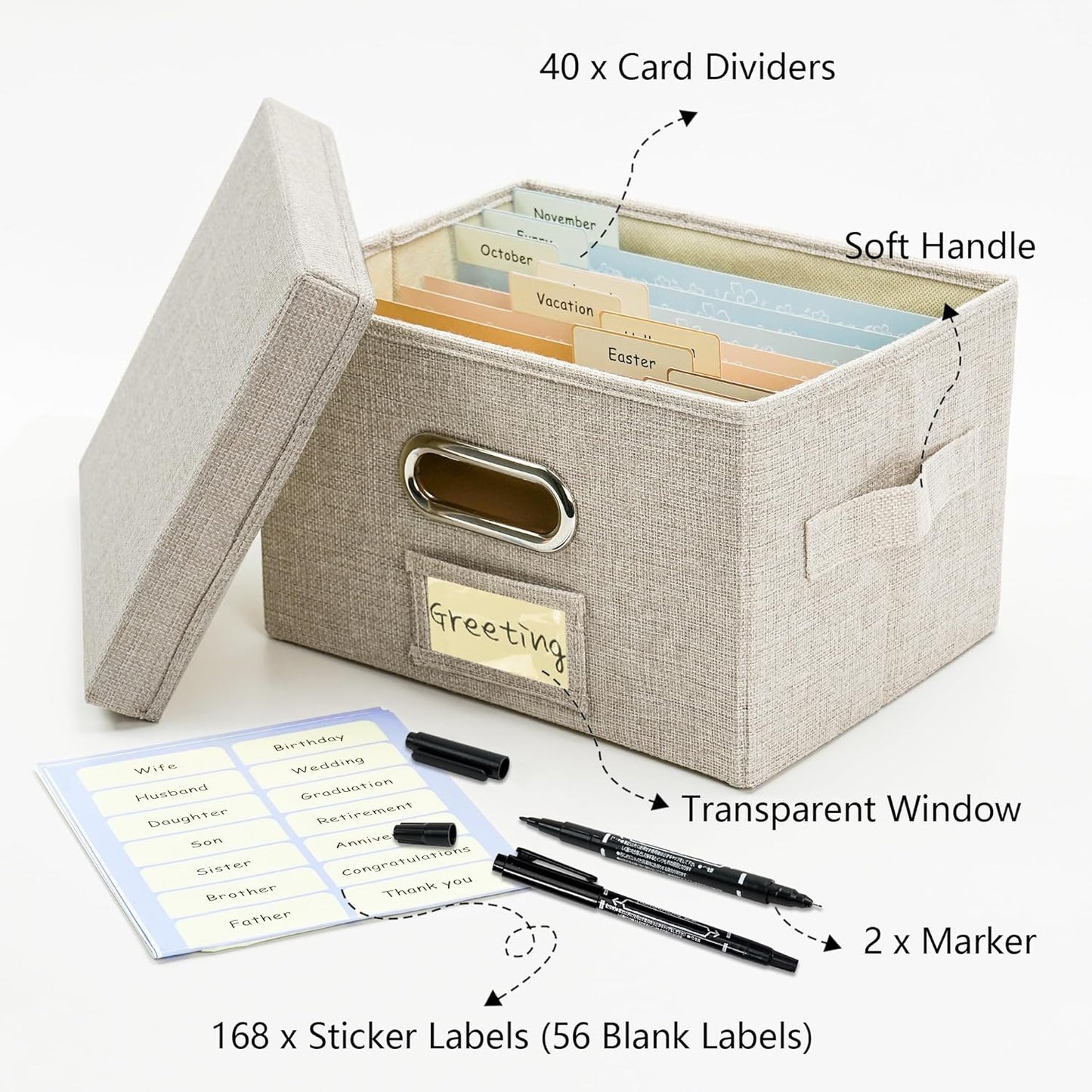 Greeting Card Organizer and Storage Box with 20 Pcs Adjustable Dividers, Storing Cards with 84 Pcs Labels Perfect for Storing Greeting Cards, Envelopes, Photos 2 Pack Beige