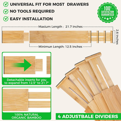 Bamboo Drawer Dividers Organizer with Inserts, Expandable from 12.5-21.7", Adjustable Drawer Organizer Separators for Utensils, Dresser, Bedroom, Bathroom, Closet, Clothing, Office (Beige)