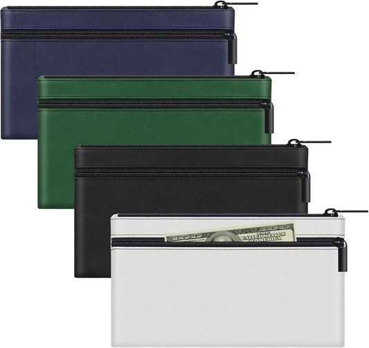 HAUTOCO 4 Pack Money Bag with Zipper 11x6.1 inch Money Pouch with Lined PU Leather Bank Bag Two Pockets Utility Wallet for Cash Check Receipt Coins Cosmetics, Multicolor