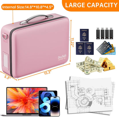 DocSafe Fireproof Document Box with Lock＆Shoulder Strap,Hard Case File Organizer with Accordion File Folder,Multi-Layer Portable Home Office Travel Safe Storage for Important Documents Laptop Pink
