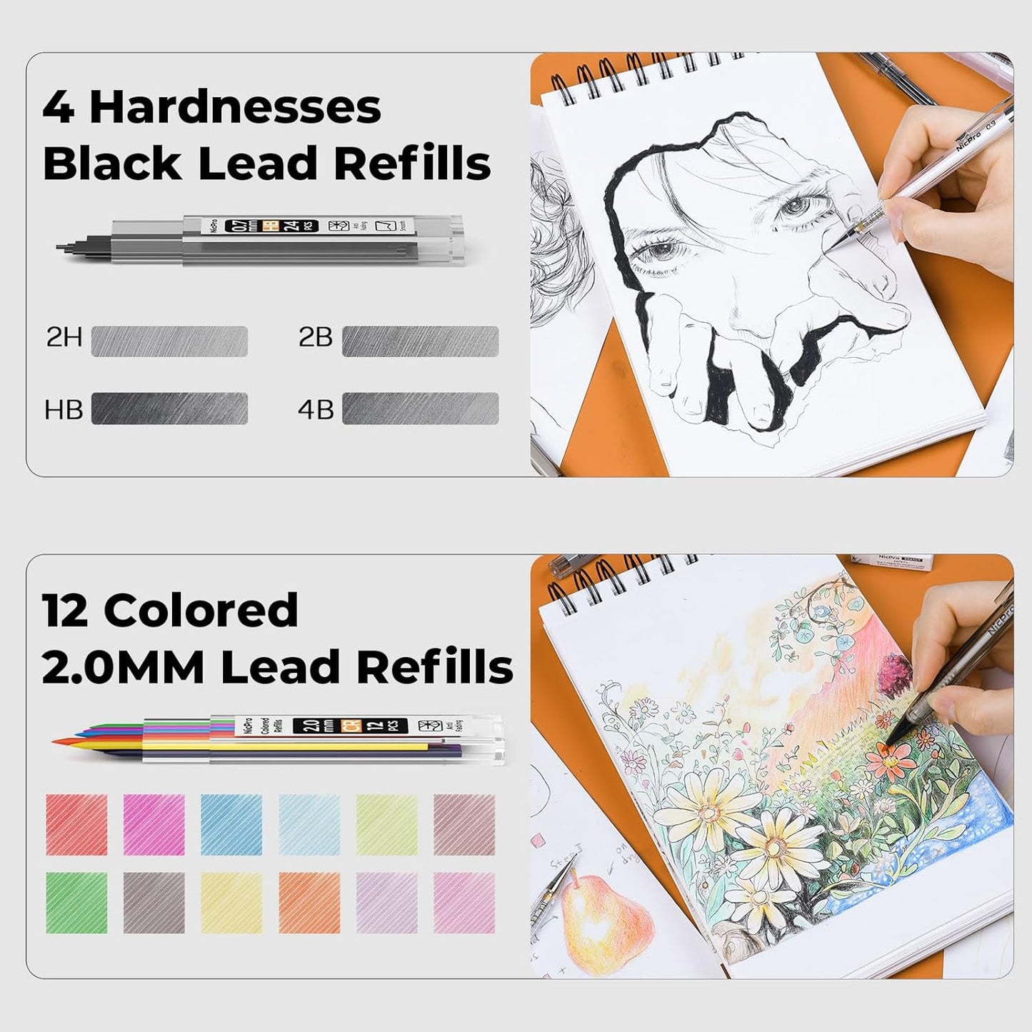 Nicpro 6 PCS Art Mechanical Pencils Set with Case, Drafting Pencil 0.5 & 0.7 & 0.9 mm and 3PCS 2mm Lead Holder (4B 2B HB 2H Colors) For Art Writing, Sketching Drawing,With Lead Refills Erasers