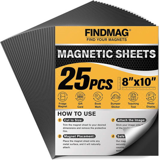 FINDMAG Magnetic Sheets (8” x 10”), Pack of 25, Flexible Magnet for Hanging Pictures, Photos, Paper Magnet for Dies, Adhesive Magnetic Sheets for Fridge, Locker, Cabinet Doors.