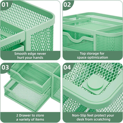 Marbrasse Mesh Desk Organizer, Pen Organizer with 2 Drawer, Multi-Functional Pencil Holder, Desk Organizers and Accessories with 5 Compartments + Drawer for Office Art Supplies (Green)