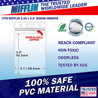 Mifflin-USA Vertical Plastic Card Holder with Metal Clip and Vinyl Straps (Clear, 2.25x3.5 Inch, 100 Pack), Waterproof PVC ID Name Badge Holder with Clip