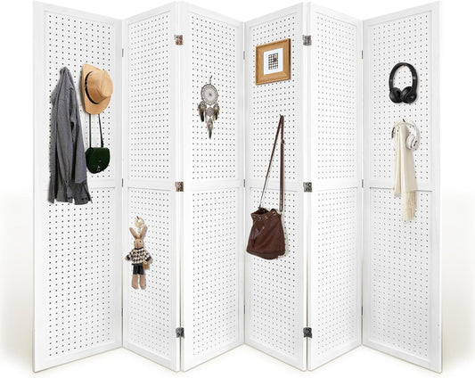 Room Divider, 5.6FT Folding Room Divider Panel, 6 Panel Pegboard Display Wood Partition Wall Divider for Room Separation& Craft Shows, White