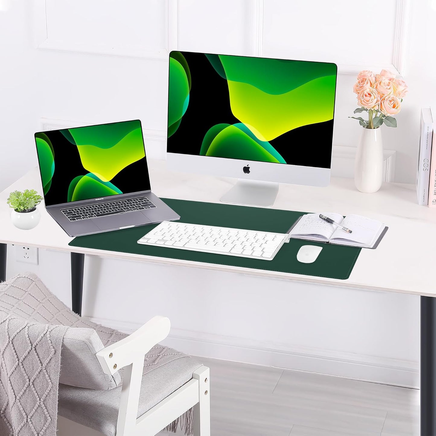 AFIING Dual-Sided Desk Pad, Natural Cork & PU Leather Large Mouse mats for Office and Home Work, Desk Protector Non-Slip, Waterproof, Easy Clean (Dark Green, 23.6" x 13.7")