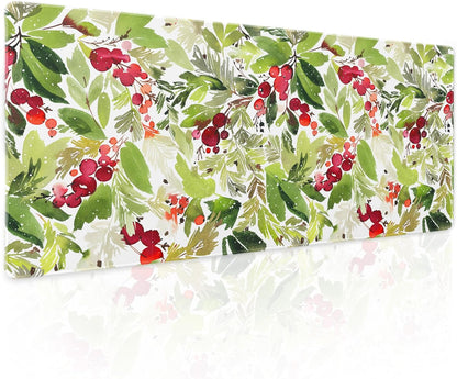 Watercolor Holly Christmas Gaming Mouse Pad XL Green Leaves Red Berry Xmas Extended Large Mat Mousepad Desk Pad Rubber Base Stitched Edge Winter Holiday Long Keyboard Pad for Computer,31.5×11.8 Inch