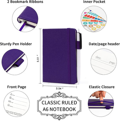 feela 6 Pack Pocket Mini Notebooks Bulk, Small Cute Memo Notepads Hardcover College Ruled Lined Journals with Pen Holder for School Business Work, with 6 Black Pens, 3.5”x 5.5”, A6, Purple