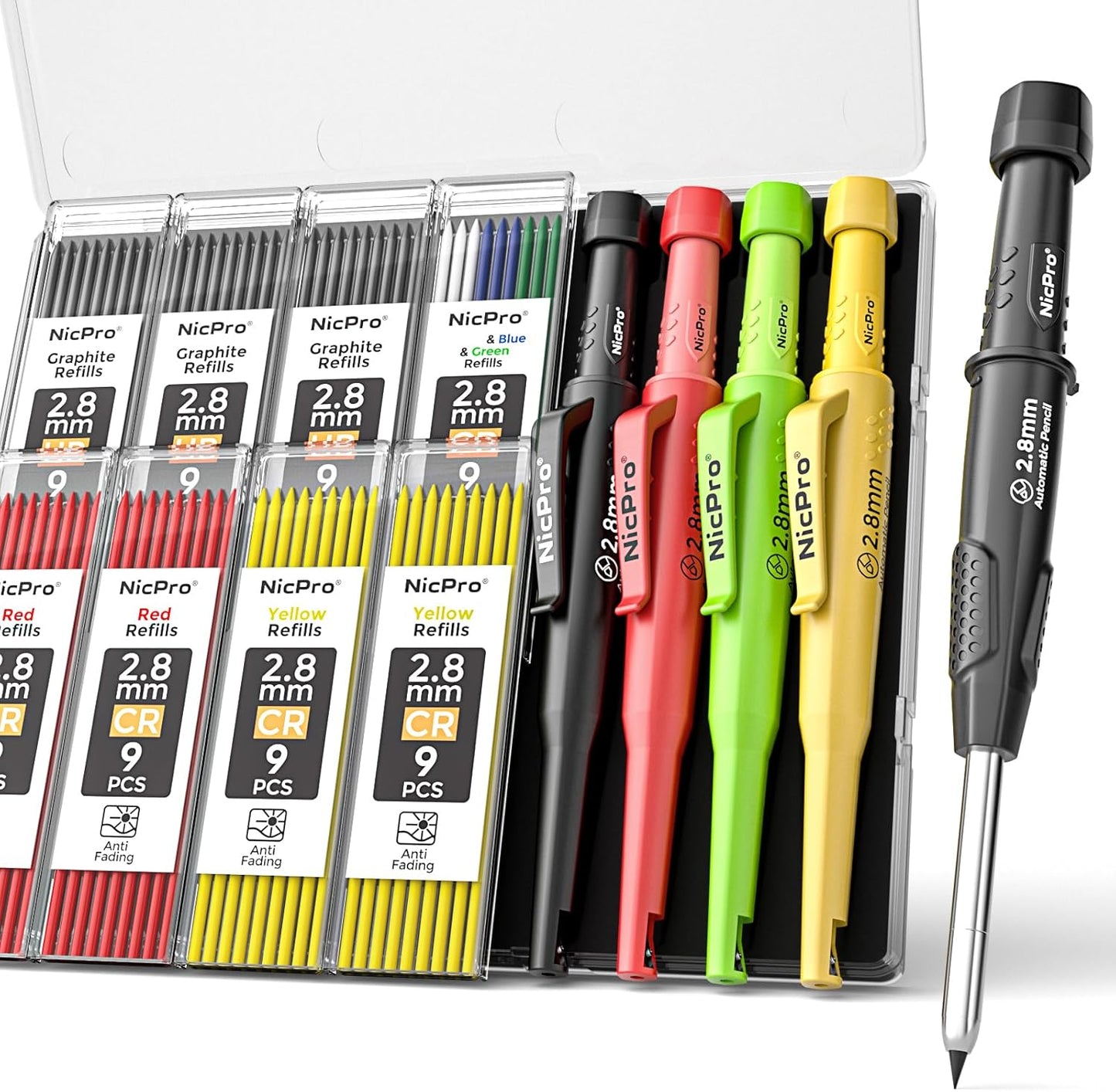 Nicpro 4 Pack CP3000 Carpenter Pencil with Sharpener, Mechanical Pencils Set with 76 Refills, Heavy Duty Construction Pencil, Carpenter Tools for Architect Marking (Red, Black, Yellow, Green)