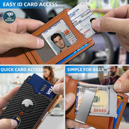 Airtag Wallet for Men,with Money Clip 11 Cards Slim Front Pocket Leather RFID Blocking Wallet with Gift Box