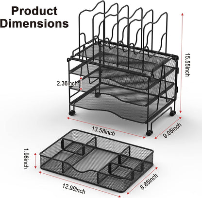 Mesh Desk Organizer, 3-in-1 Desktop Organizer with 3 Tier Tray and 5 Upright Sections, File Organizer for Desk with Sliding Drawer, Black