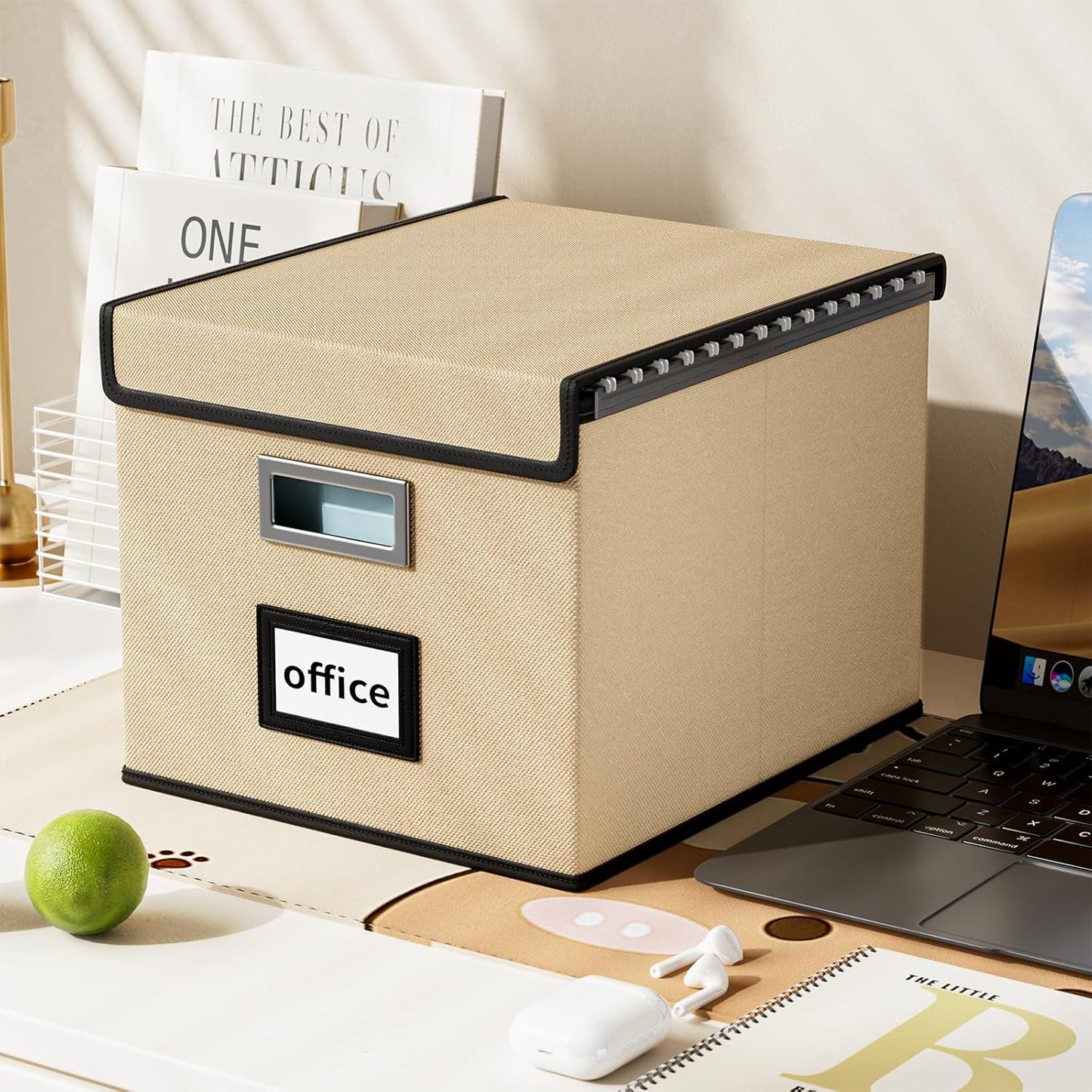 Huolewa File Organizer Box with Lid, Collapsible File Folder Organizer for Office Document Storage, Filing Box with Plastic Slide for Letter/Legal Size Hanging Files (Brown)