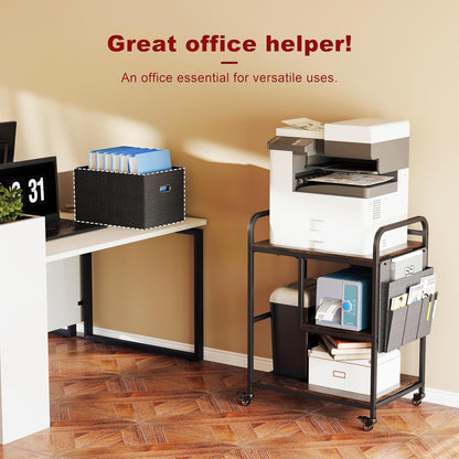 3 Tier Heavy Duty Printer Stand with Storage, Computer Tower Stand with Industrial Wheels & Drawer, Large Mobile Printer Table for Home Office Organization (Rustic Brown)