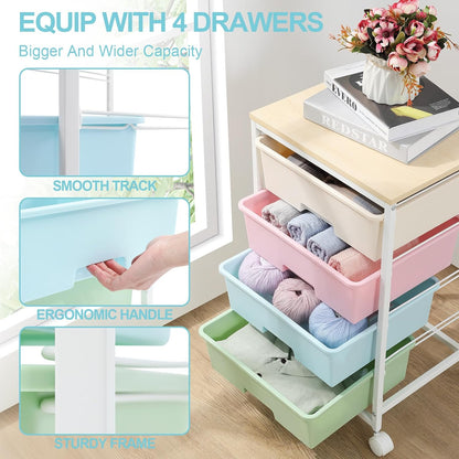 Utility Cart with 4 Drawers,Rolling Storage Cart with Drawers,Storage Rolling Drawer Cart,Rainbow