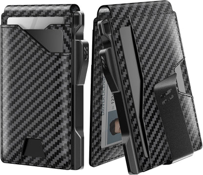typecase Tactical Wallet for Men Card Holder: Pop Up Card Case, Genuine Leather, Smart, RFID Blocking, Slim, Minimalist, Thin, Front Pocket - 9-13 Card Capacitiy, ID Window, Money Clip (Carbon Fiber)