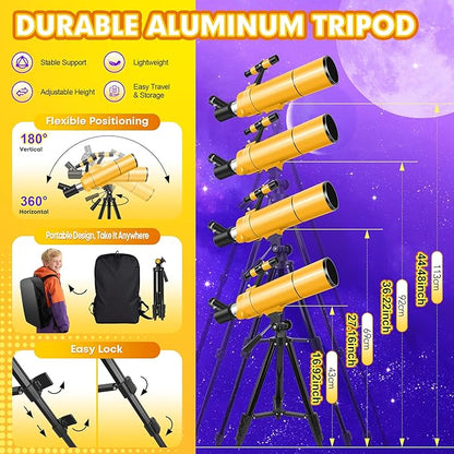 Telescope for Adults & Kids, 80mm Aperture 500mm Portable Refractor Telescope for Astronomy Beginners, Professional Travel Astronomical Telescopes with Tripod, Stickers, Phone Adapter, Backpack