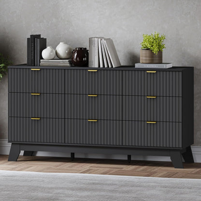 Fluted 9 Drawer Dresser, 57.1" Wide Modern Boho Chest of Drawers, Wooden Storage Dresser TV Stand for Bedroom, Living Room, Closet, Hallway, Curved Profile Design