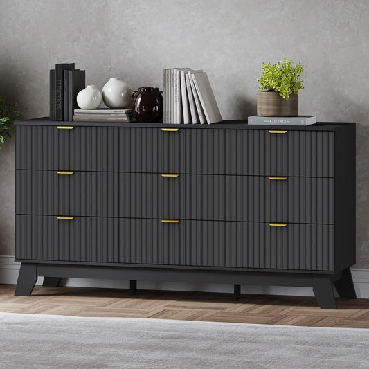 Fluted 9 Drawer Dresser, 57.1" Wide Modern Boho Chest of Drawers, Wooden Storage Dresser TV Stand for Bedroom, Living Room, Closet, Hallway, Curved Profile Design