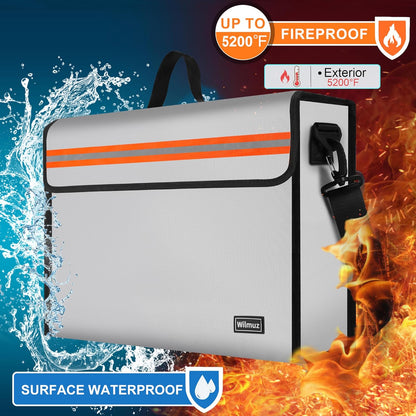 Fire Proof File Box for Documents with Shoulder Strap 5200℉ Insulated,14.9"x11.8"x4.7"Fireproof Document Bag with Reflective Strip,Fireproof Box for Money,Valuables,Jewelry(Silver)