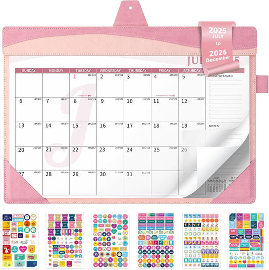 Ospelelf Leather Desk Calendar 2025-2026 Large 12"x17" Monthly Planner Pad with Protective Cover 18 Months July 2025 to Dec 2026 Pink