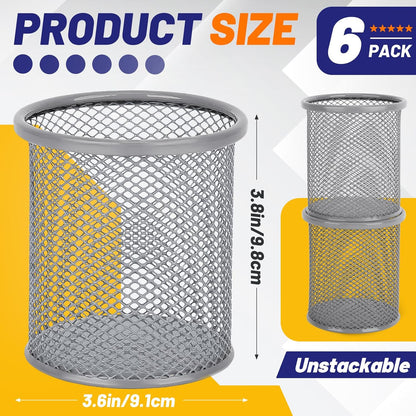 Segarty Pen Holder for Desk, 6 Pack Round Silver Pen Holder, Wire Mesh Pencil Cup Containers Set, Desktop Organizer for Office Supplies, School Classroom, Home, Makeup Brush