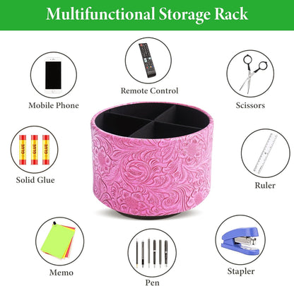 lizimandu Round Leather Art Supply Organizer,Remote Control Holder,360 Degree Spinning,Multi-Functional Pencil Holder,4 Compartments Desktop Stationary Organizer(1-Carved Red2)