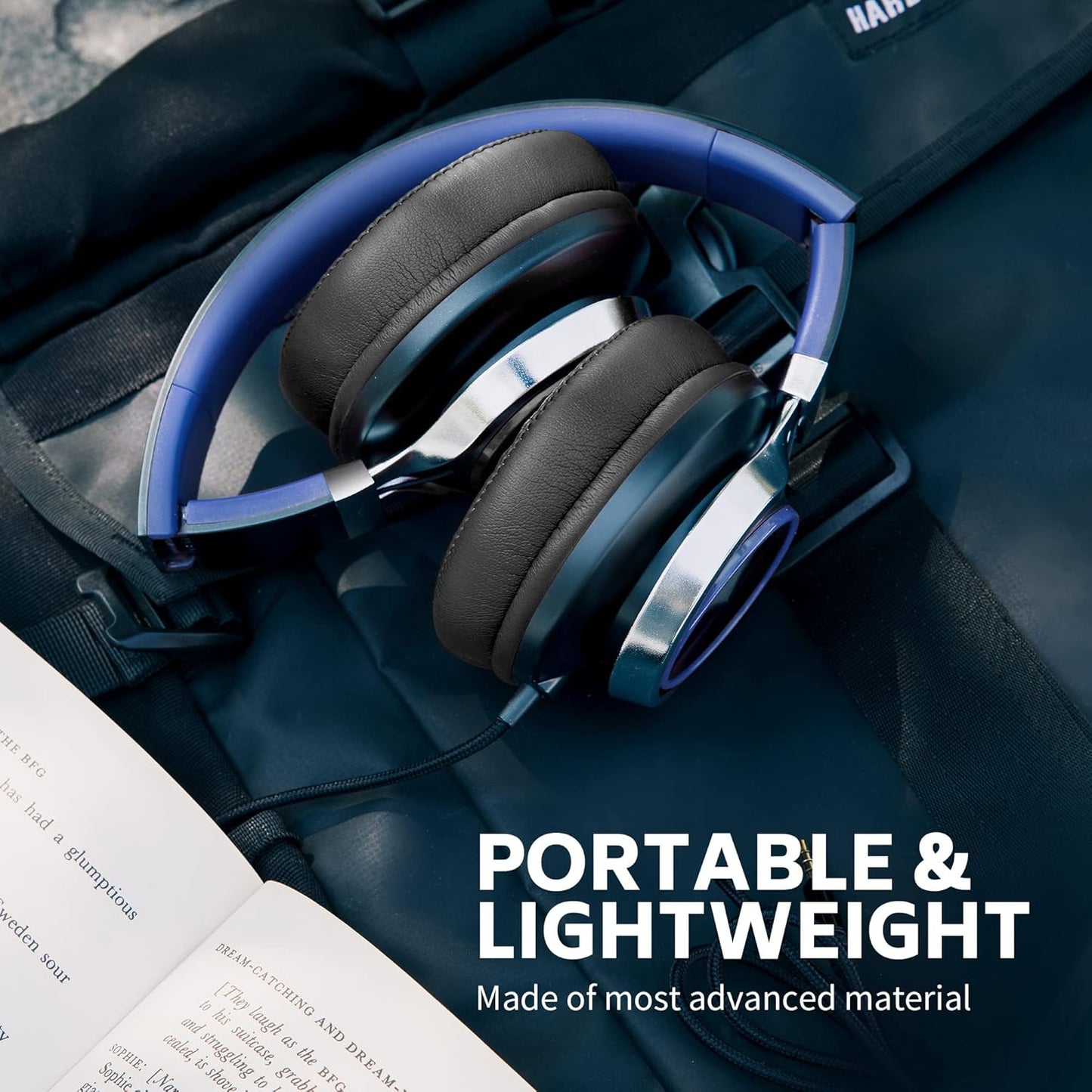 AC01 Over-Ear Headphones Wired, Passive Noise Isolating Corded Stereo Headsets with Mic Volume Control for Adults Teens 3.5mm for Chromebooks, Laptop, Computer, Tablets, Travel (Black Blue)
